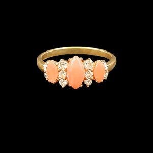 Vintage Orange Coral Cabochon Ring With Faux Diamonds 18K Gold Electroplate Sign